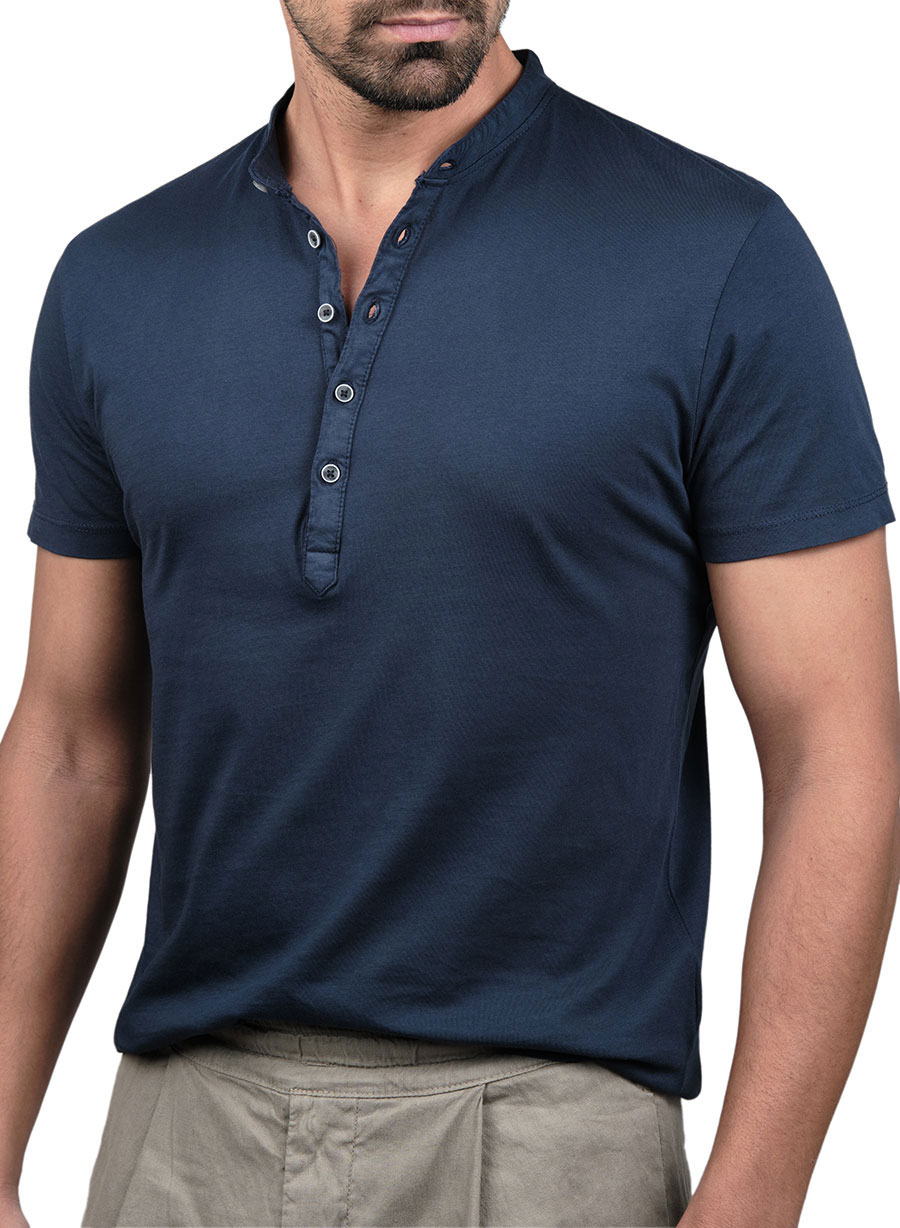 MEN'S HENLEY GARMENT DYE MANETTI CASUAL  BLUE